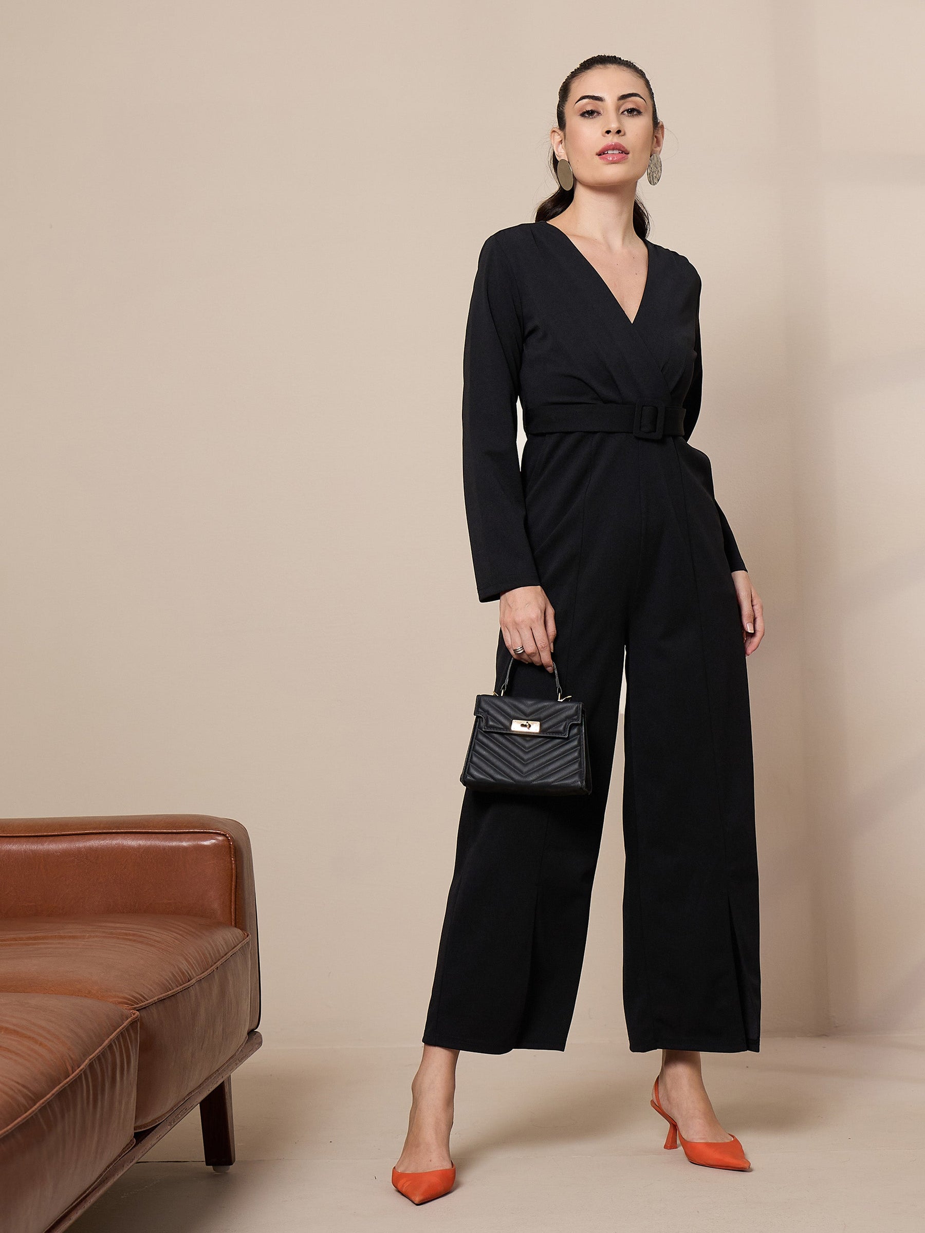 Black V-Neck Belted Jumpsuit-SASSAFRAS worklyf