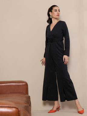 Black V-Neck Belted Jumpsuit-SASSAFRAS worklyf