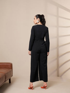 Black V-Neck Belted Jumpsuit-SASSAFRAS worklyf