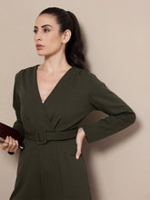 Olive V-Neck Belted Jumpsuit-SASSAFRAS worklyf