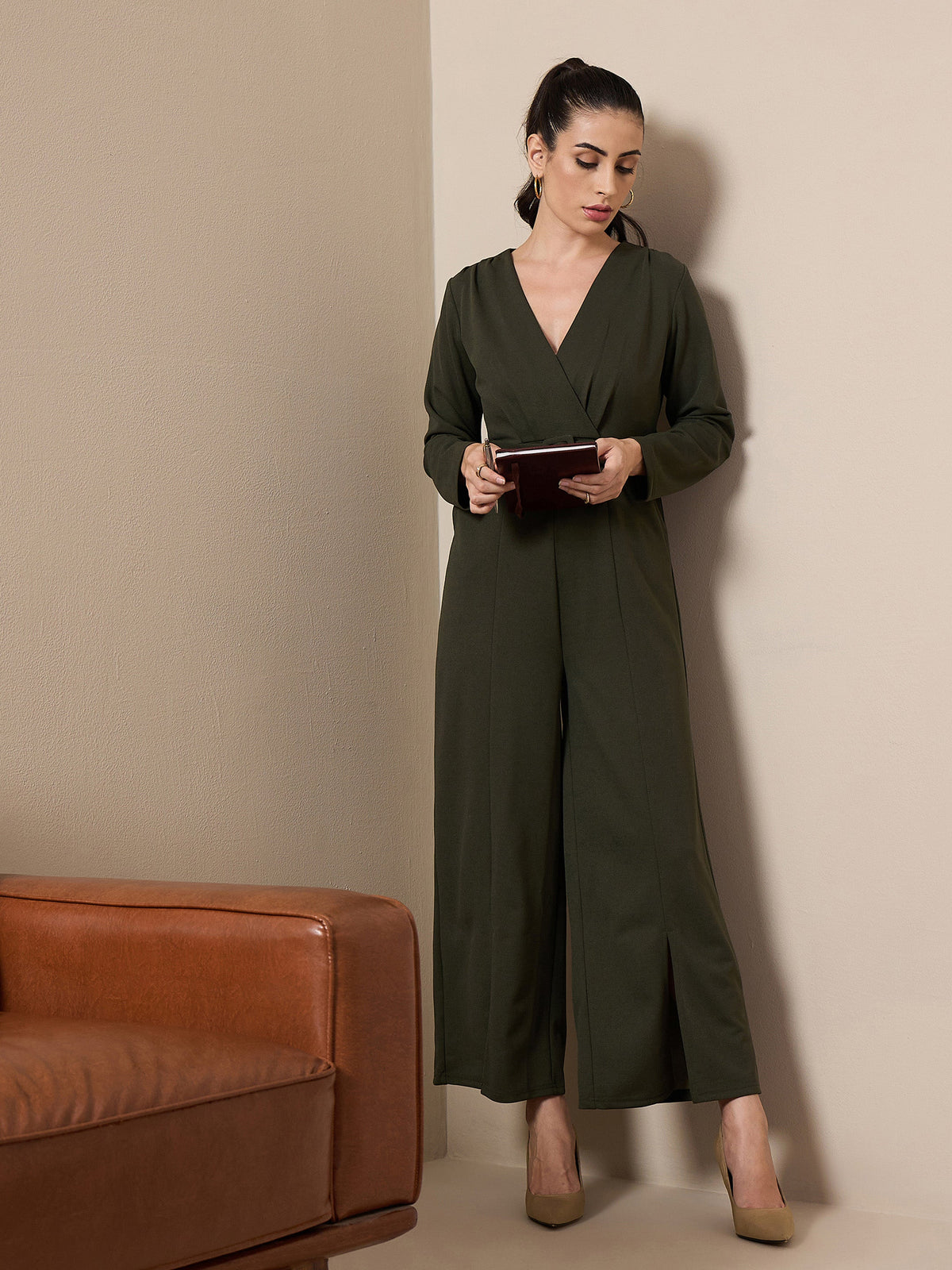 Olive V-Neck Belted Jumpsuit-SASSAFRAS worklyf