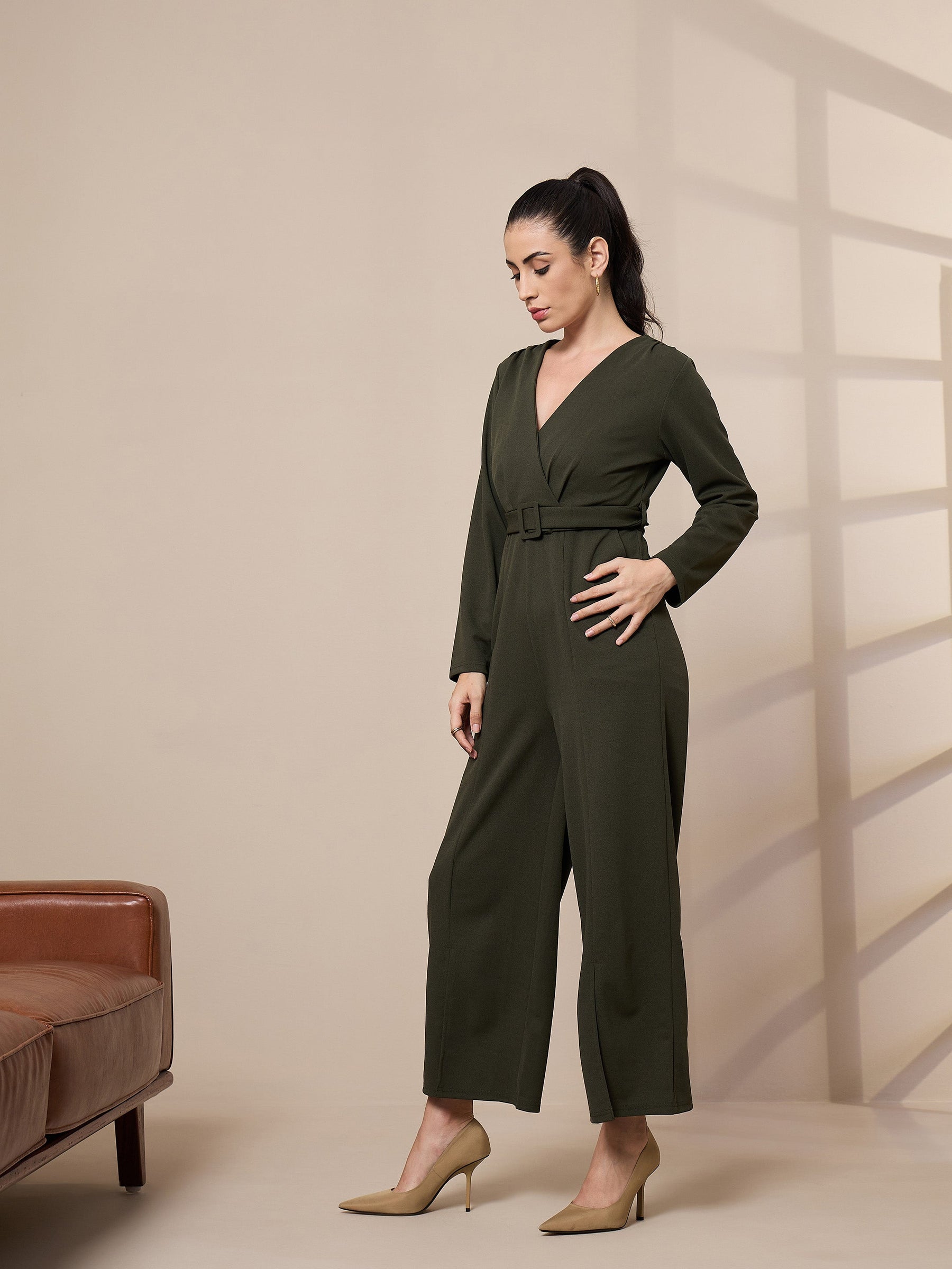 Olive V-Neck Belted Jumpsuit-SASSAFRAS worklyf