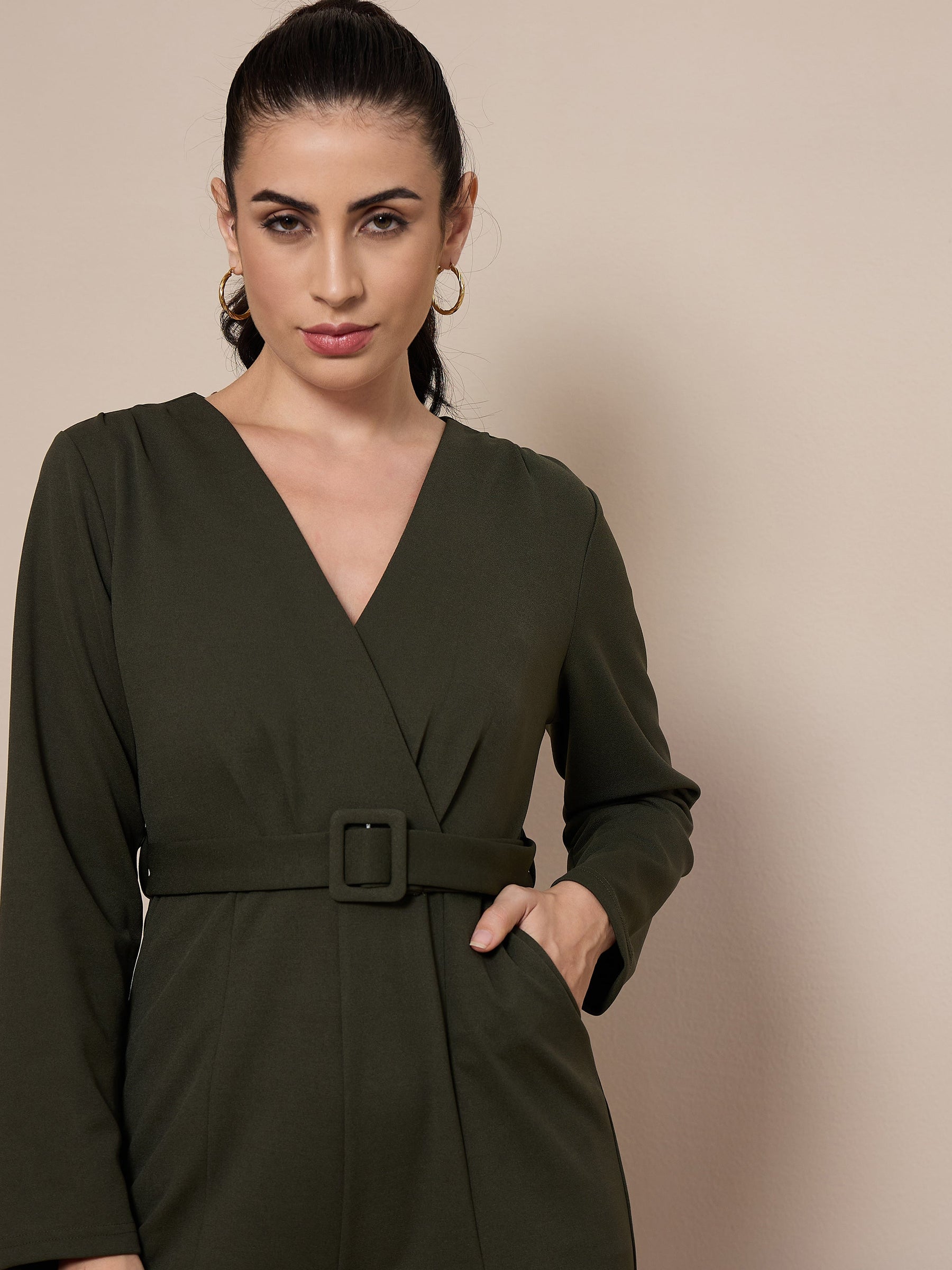 Olive V-Neck Belted Jumpsuit-SASSAFRAS worklyf