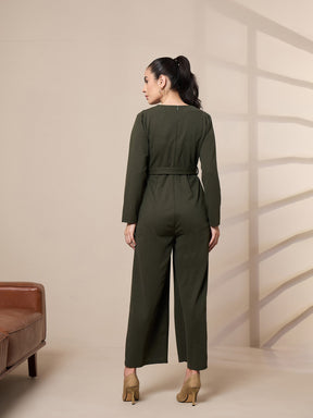 Olive V-Neck Belted Jumpsuit-SASSAFRAS worklyf