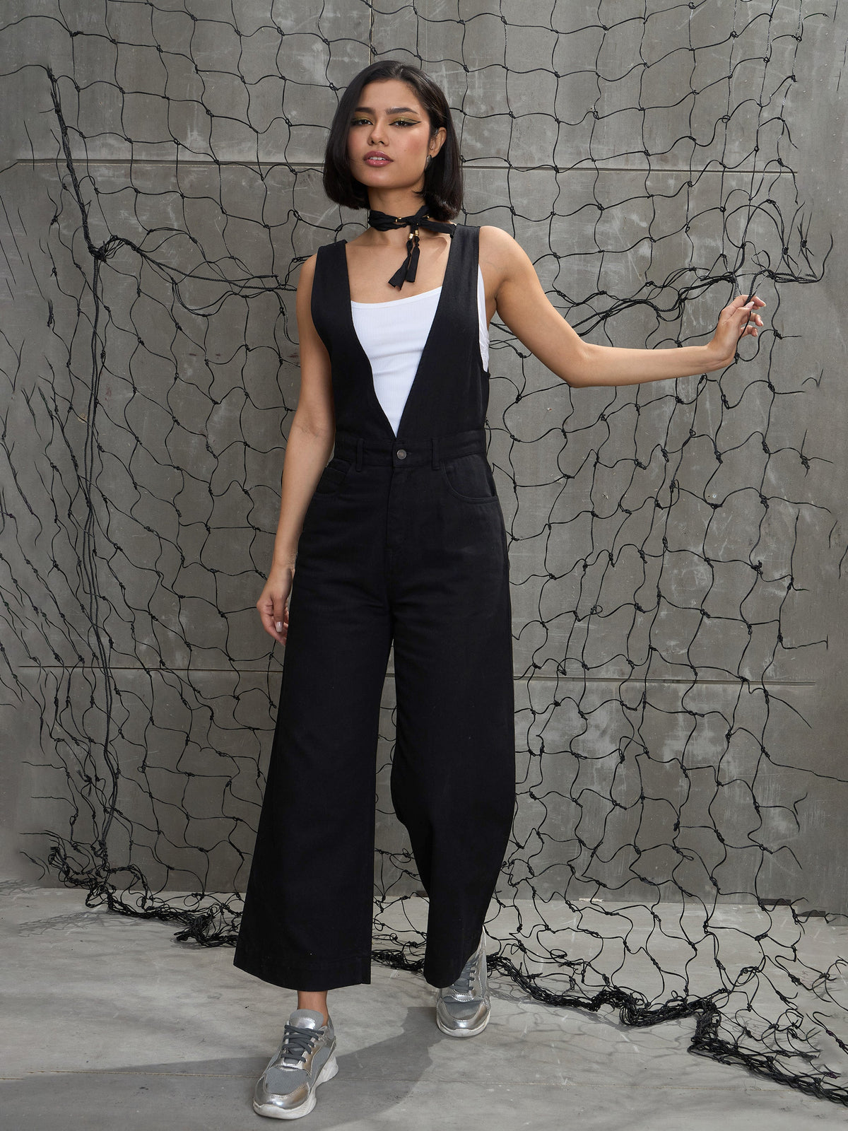 Jet Black Deep V-Neck Denim Flared Leg Jumpsuit-SASSAFRAS