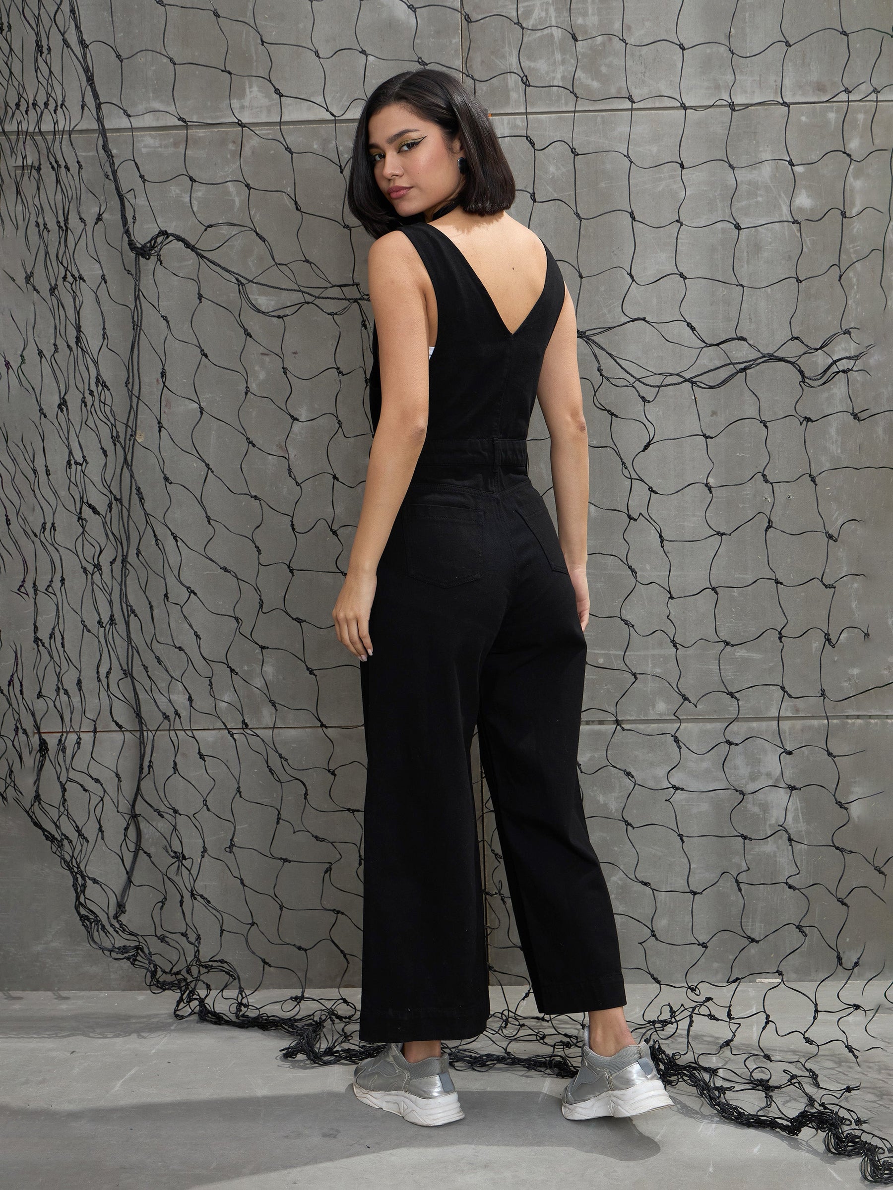 Women Jet Black Deep V-Neck Denim Flared Leg Jumpsuit
