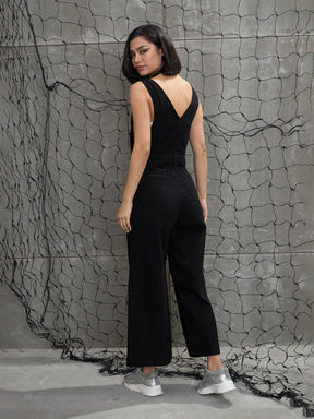 Jet Black Deep V-Neck Denim Flared Leg Jumpsuit-SASSAFRAS