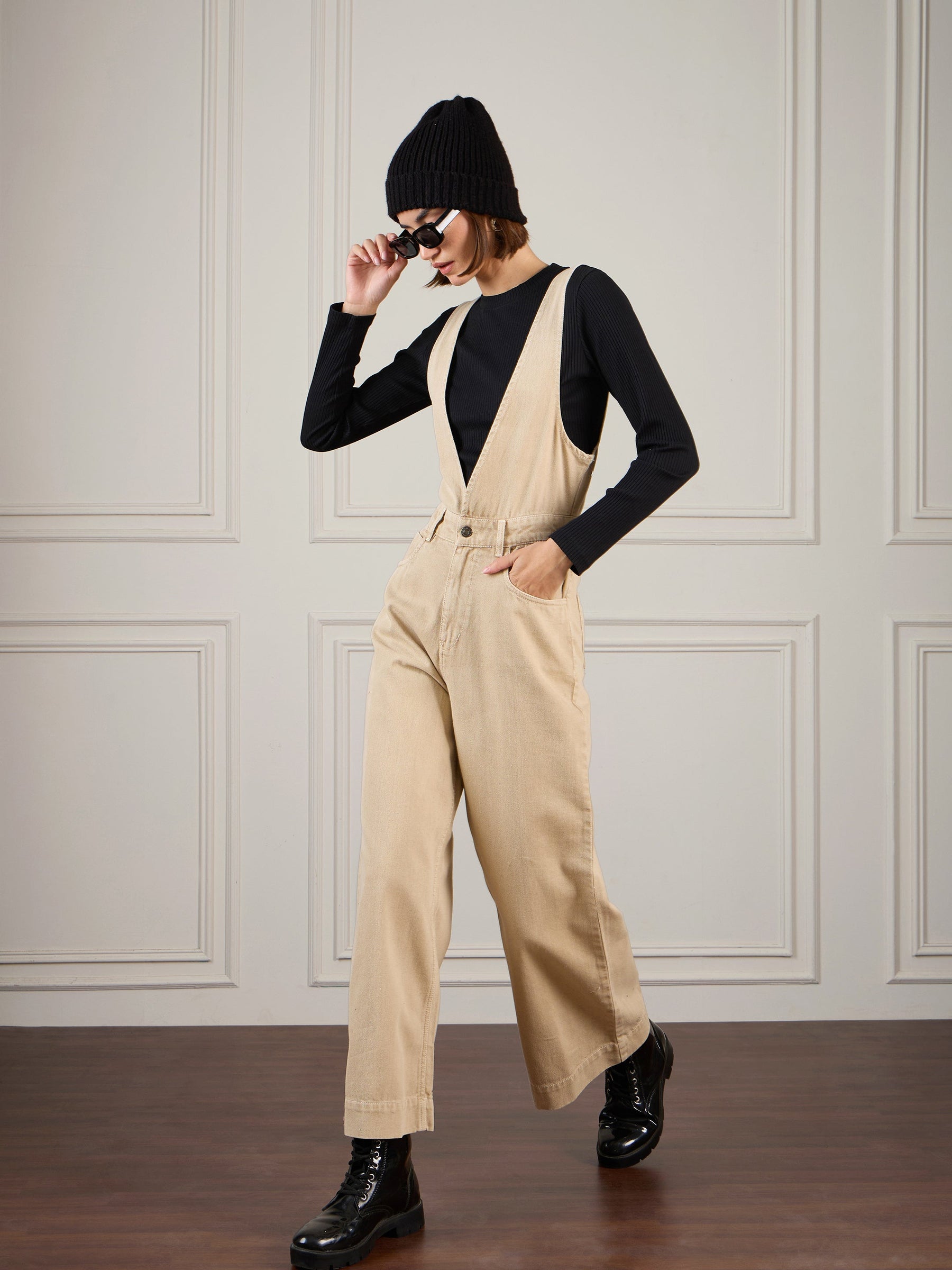 Beige Deep V-Neck Denim Flared Leg Jumpsuit-SASSAFRAS