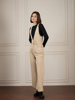 Beige Deep V-Neck Denim Flared Leg Jumpsuit-SASSAFRAS