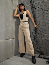 Beige Deep V-Neck Denim Flared Leg Jumpsuit-SASSAFRAS