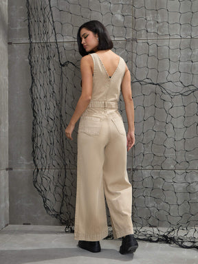 Beige Deep V-Neck Denim Flared Leg Jumpsuit-SASSAFRAS