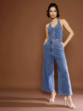 Blue Blast Denim Halter Neck Jumpsuit-SASSAFRAS