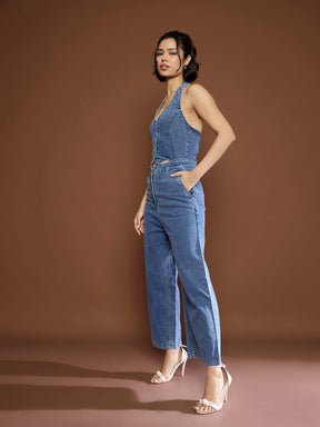 Blue Blast Denim Halter Neck Jumpsuit-SASSAFRAS