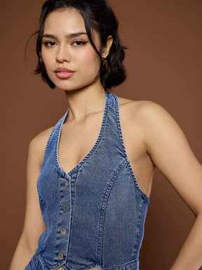 Blue Blast Denim Halter Neck Jumpsuit-SASSAFRAS