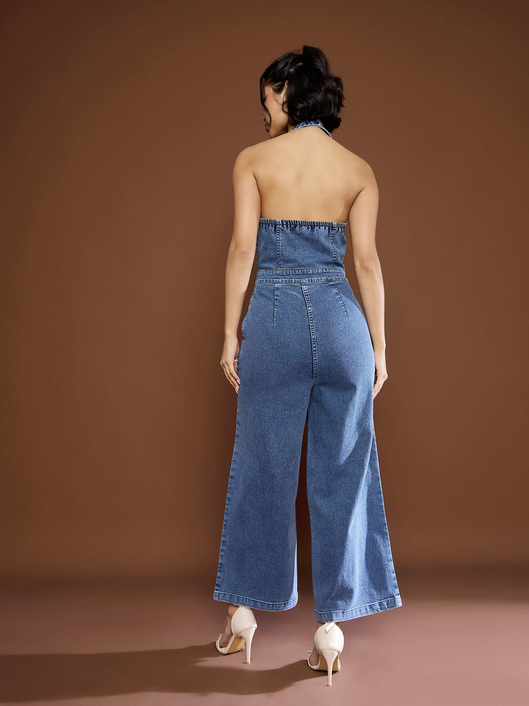 Blue Blast Denim Halter Neck Jumpsuit-SASSAFRAS