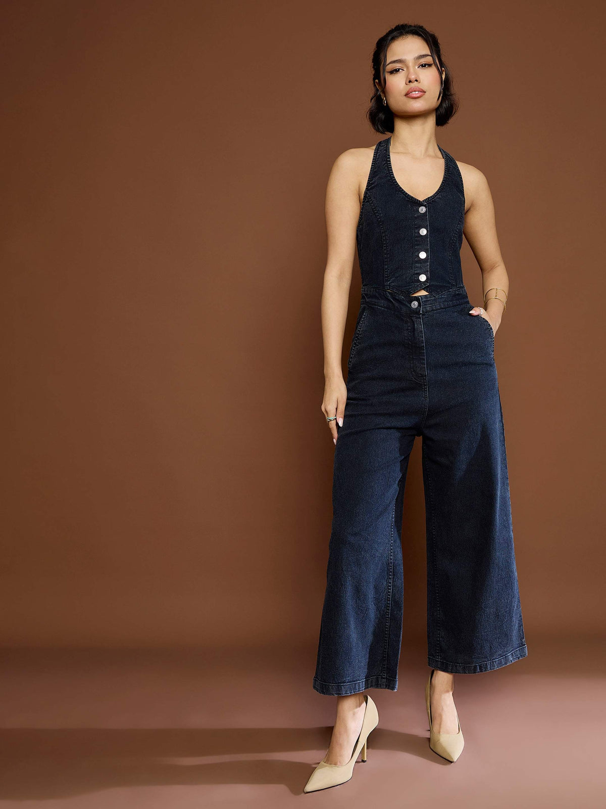 Black Washed Denim Halter Neck Jumpsuit-SASSAFRAS