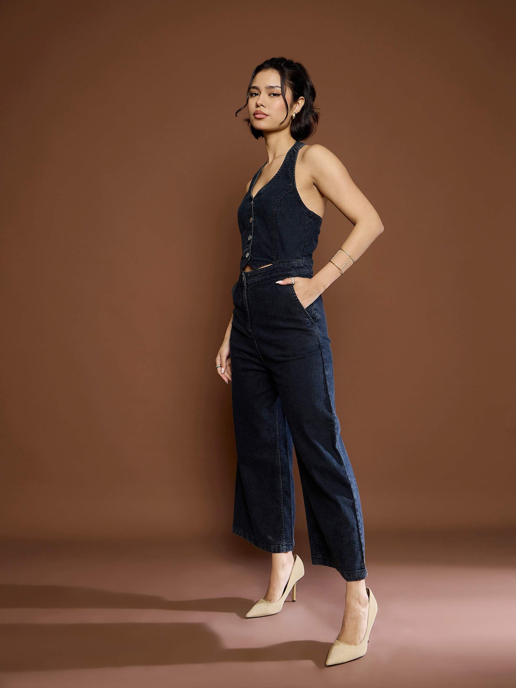 Black Washed Denim Halter Neck Jumpsuit-SASSAFRAS