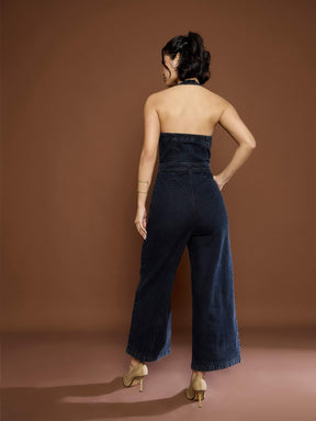 Black Washed Denim Halter Neck Jumpsuit-SASSAFRAS