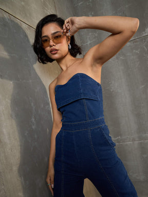 Navy Blue Denim Off Shoulder Jumpsuit-SASSAFRAS