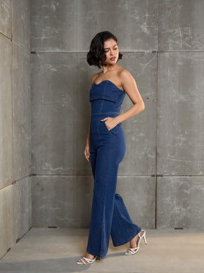 Navy Blue Denim Off Shoulder Jumpsuit-SASSAFRAS