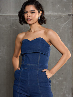 Navy Blue Denim Off Shoulder Jumpsuit-SASSAFRAS