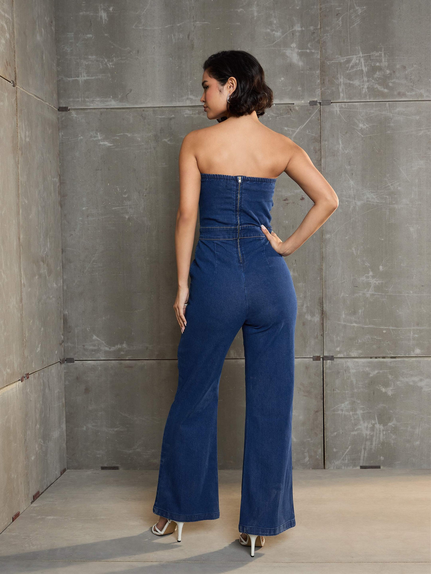 Navy Blue Denim Off Shoulder Jumpsuit-SASSAFRAS