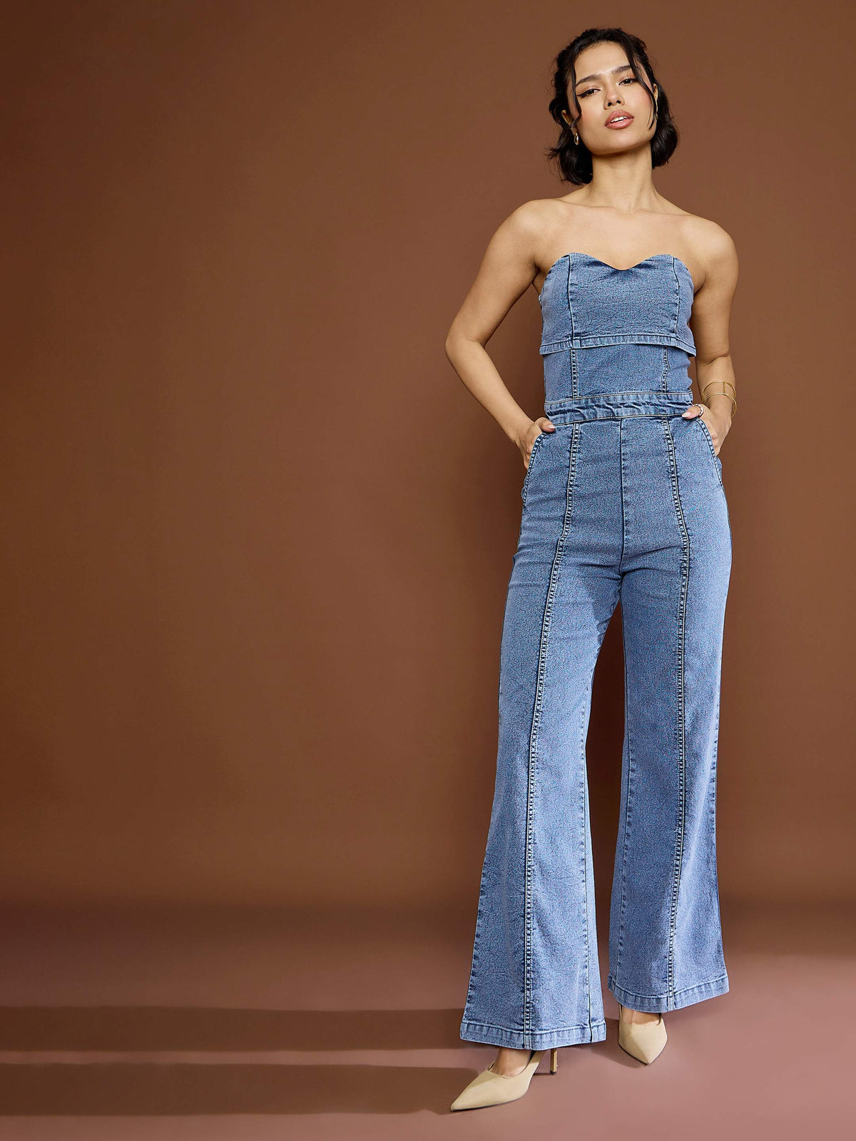 Blue Blast Denim Off Shoulder Jumpsuit-SASSAFRAS