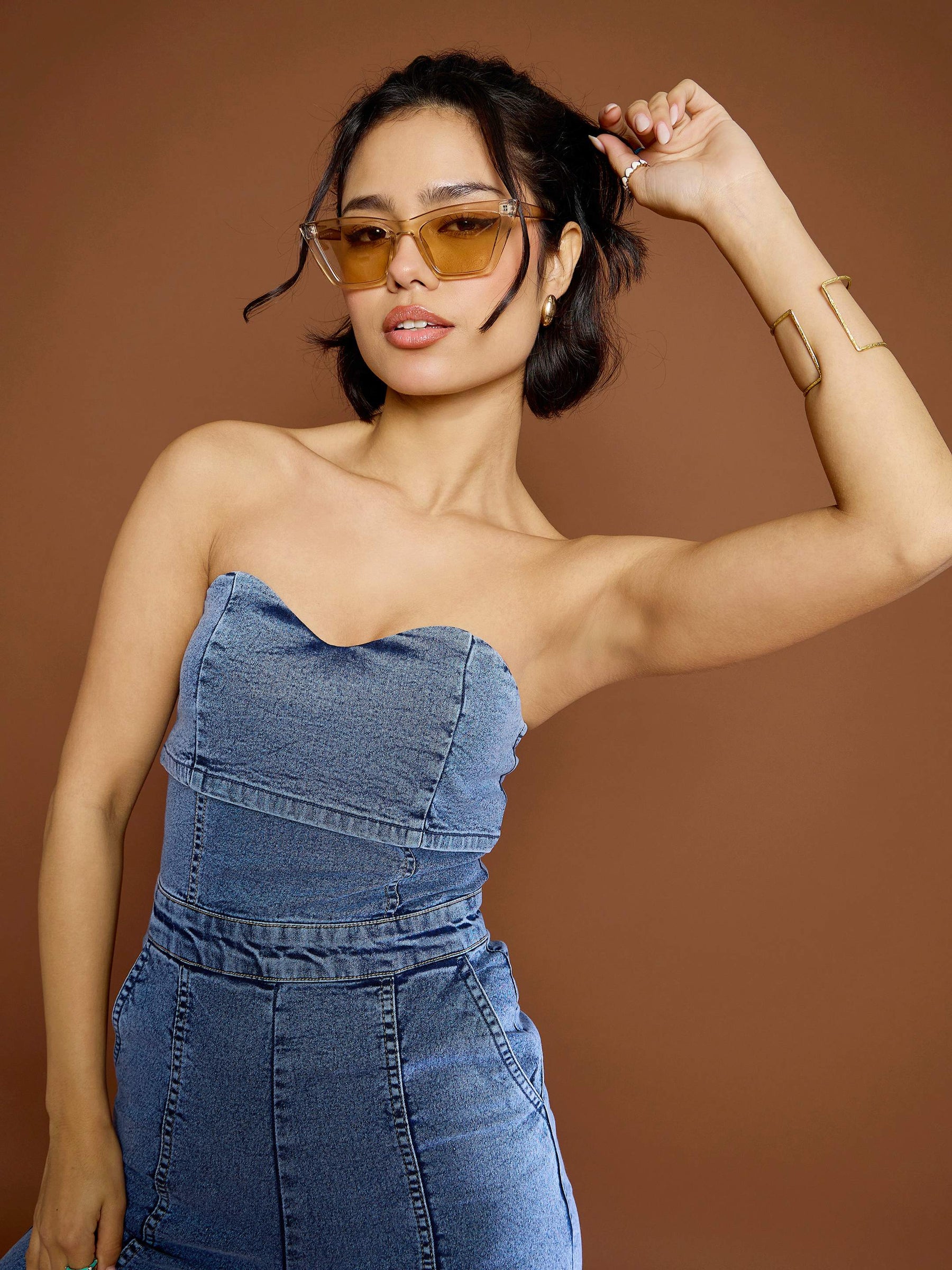 Blue Blast Denim Off Shoulder Jumpsuit-SASSAFRAS