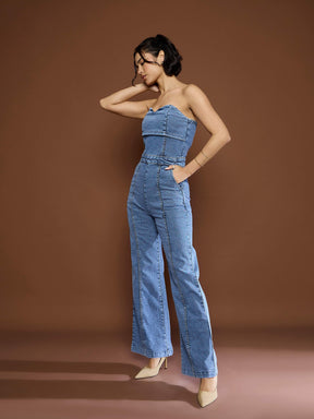 Blue Blast Denim Off Shoulder Jumpsuit-SASSAFRAS