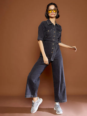 Black Washed Denim Short Sleeve Jumpsuit-SASSAFRAS