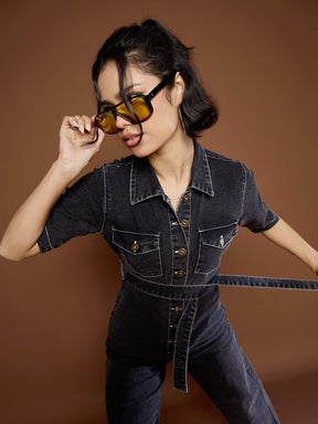 Black Washed Denim Short Sleeve Jumpsuit-SASSAFRAS