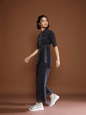 Black Washed Denim Short Sleeve Jumpsuit-SASSAFRAS