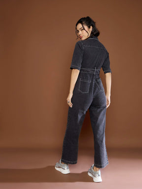 Black Washed Denim Short Sleeve Jumpsuit-SASSAFRAS