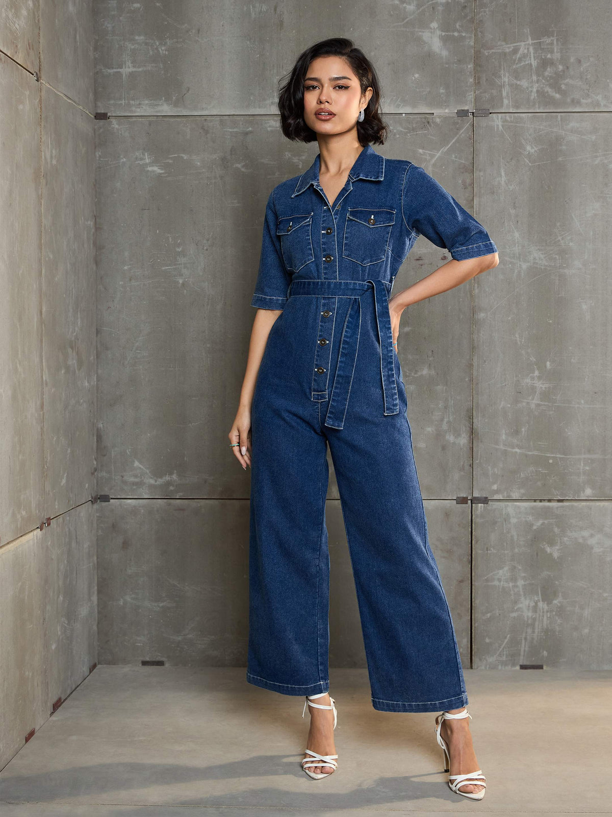 Blue Washed Denim Short Sleeve Jumpsuit-SASSAFRAS