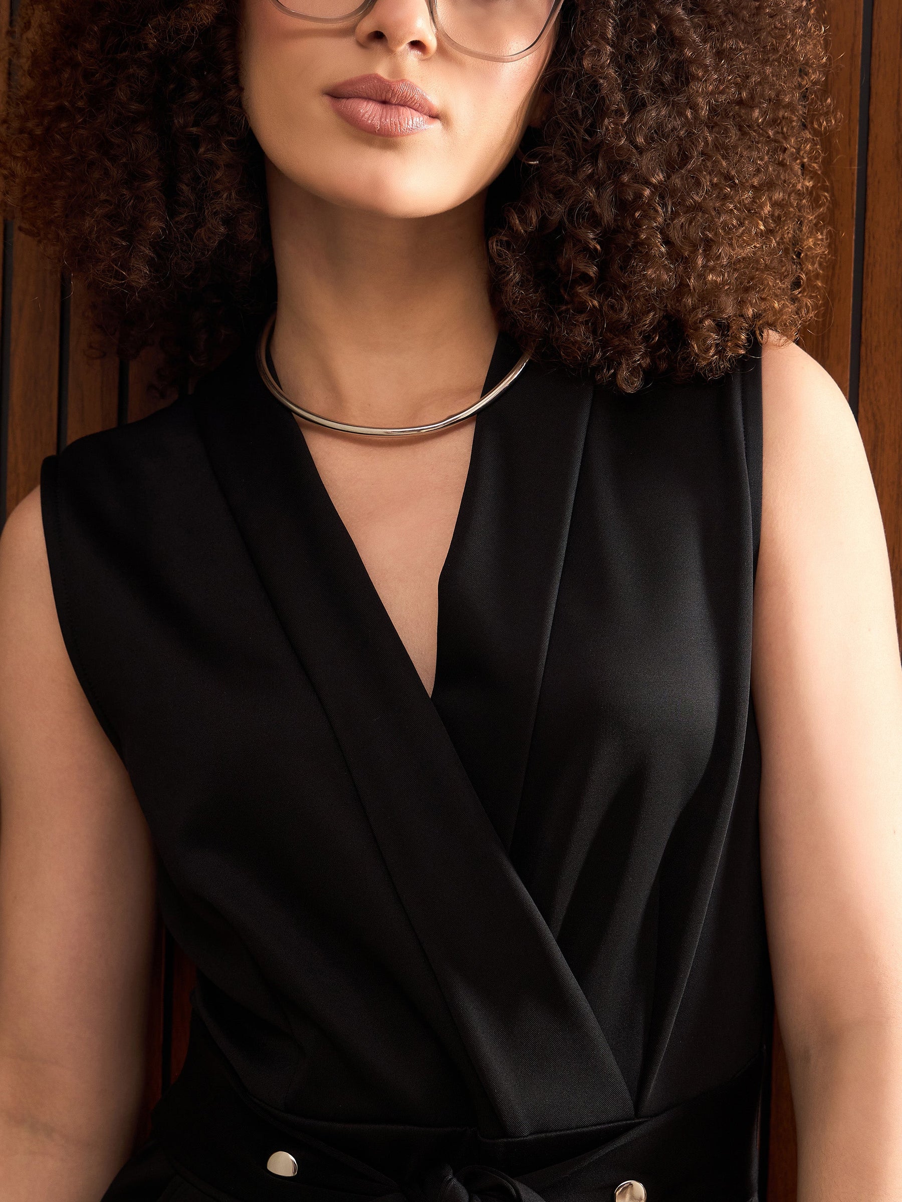 Black Shawl Collar Front Tie Belted Jumpsuit-SASSAFRAS worklyf