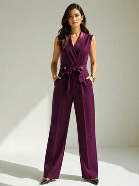 Women Purple Shawl Collar Front Tie Belted Jumpsuit