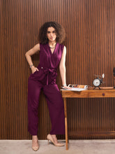 Purple Shawl Collar Front Tie Belted Jumpsuit-SASSAFRAS worklyf