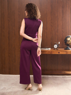 Purple Shawl Collar Front Tie Belted Jumpsuit-SASSAFRAS worklyf