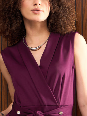 Women Purple Shawl Collar Front Tie Belted Jumpsuit