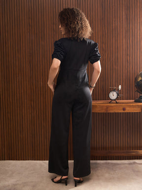 Black Side Pocket Puff Sleeves Jumpsuit-SASSAFRAS worklyf