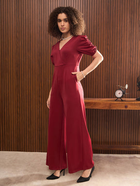 Maroon Side Pocket Puff Sleeves Jumpsuit-SASSAFRAS worklyf