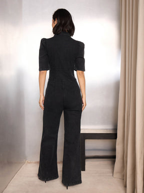 Black Washed Denim Front Button Jumpsuit-SASSAFRAS