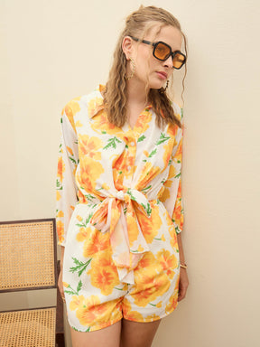 Yellow Floral Tie-Knot Playsuit-SASSAFRAS
