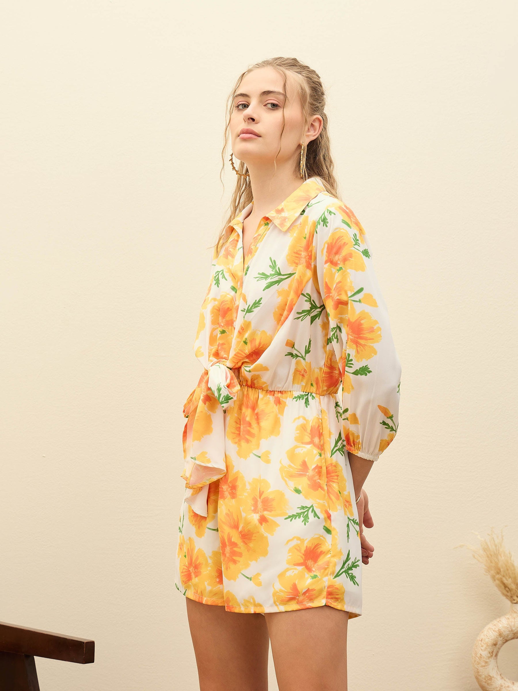 Yellow Floral Tie-Knot Playsuit-SASSAFRAS
