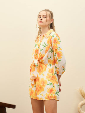 Yellow Floral Tie-Knot Playsuit-SASSAFRAS