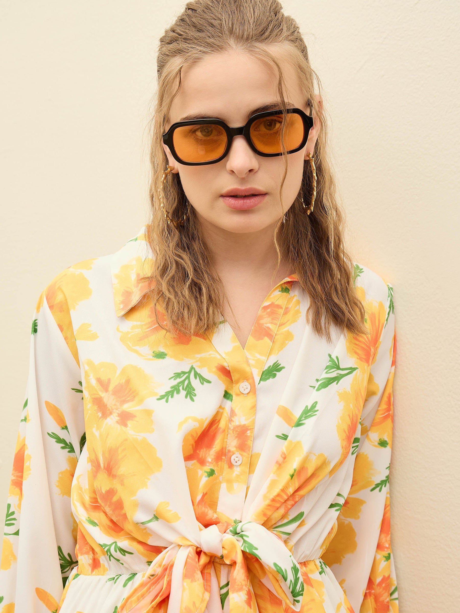 Yellow Floral Tie-Knot Playsuit-SASSAFRAS