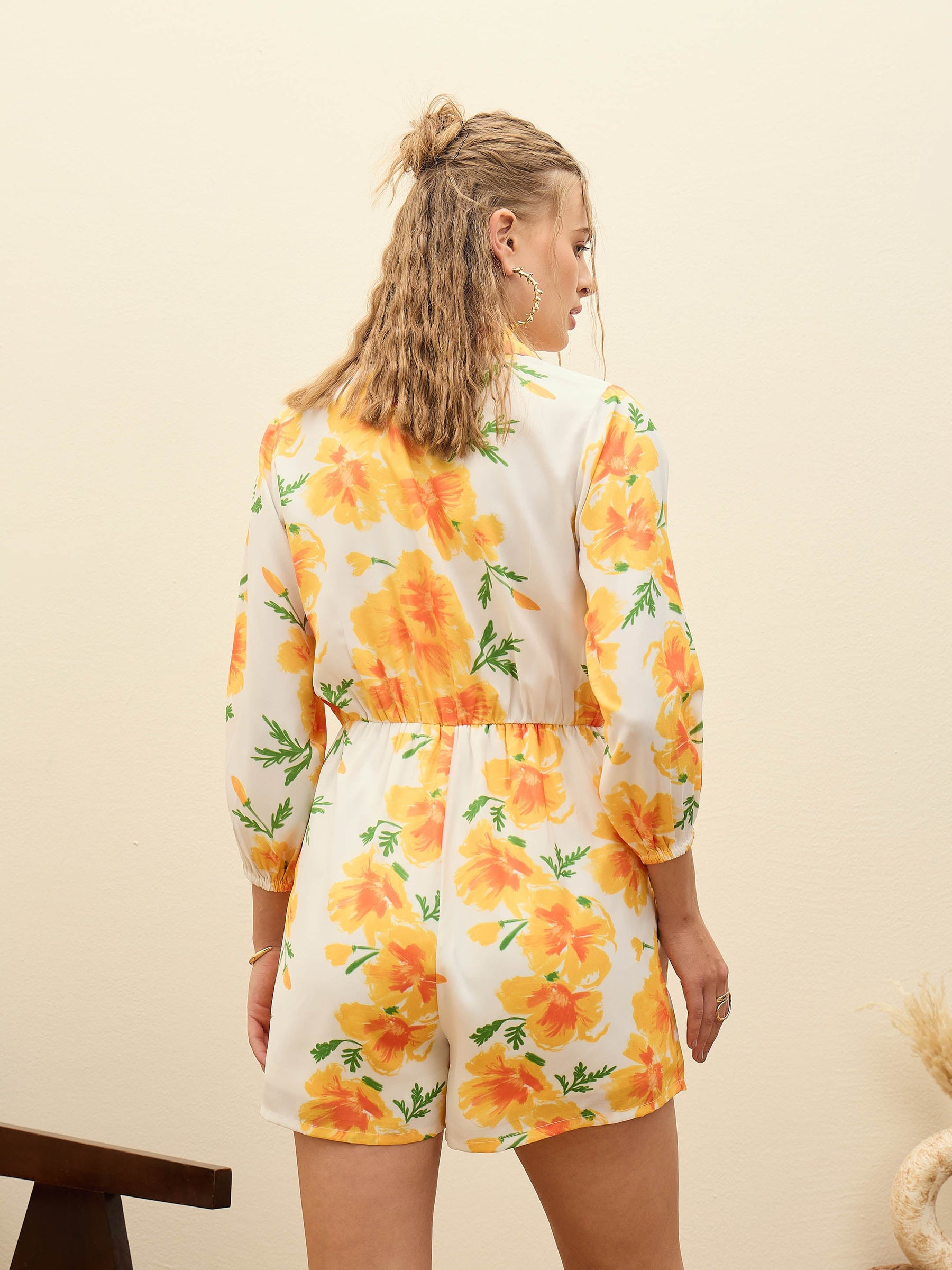 Yellow Floral Tie-Knot Playsuit-SASSAFRAS