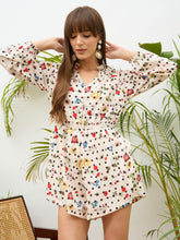 Beige Ditsy Floral Balloon Sleeves Playsuit-SASSAFRAS