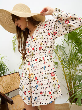 Beige Ditsy Floral Balloon Sleeves Playsuit-SASSAFRAS