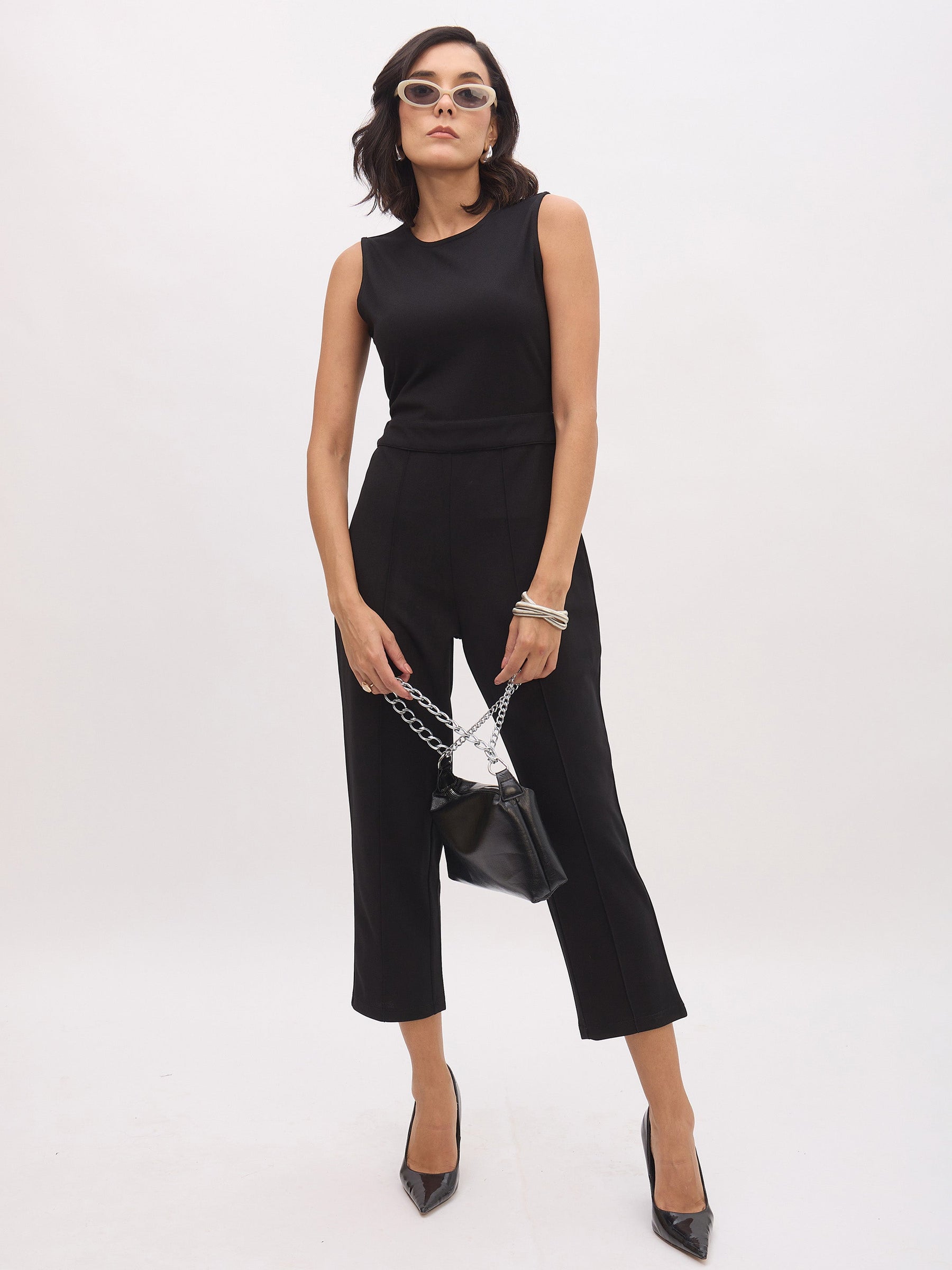 Black Sleeveless Round Neck Jumpsuit-SASSAFRAS worklyf